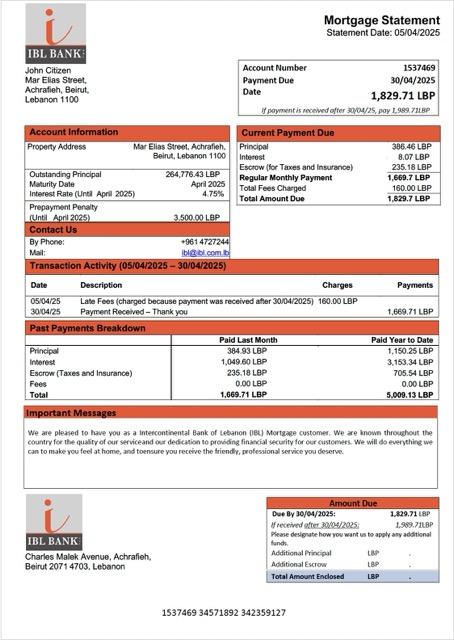 Lebanon Intercontinental Bank of Lebanon (IBL) mortgage statement Word and PDF template
